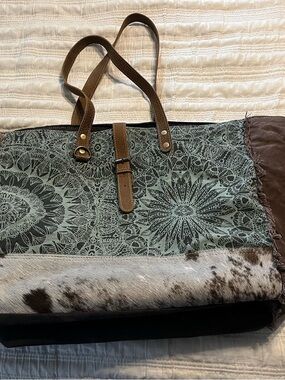 Myra Bag Green Floral Mandala Tote with Brown Leather Accents